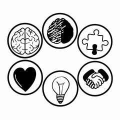 Hand drawn icons representing brain, idea, heart, puzzle, and handshake isolated on white background for concepts like intelligence and teamwork