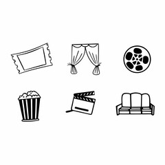 Movie icon set isolated on white background, featuring tickets, popcorn, clapperboard, film reel, sofa, and curtains for cinema