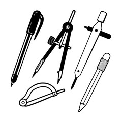 Technical drawing tools including compasses, dividers, pens, and pencils for precise drafting and engineering, isolated on white background