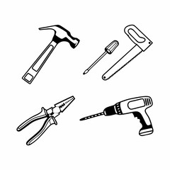 Essential construction tools including hammer, screwdriver, saw, pliers, and drill for building and repair projects, isolated on white background