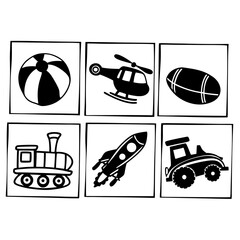 Collection of black and white toy icons isolated on white background featuring a ball, helicopter, football, train, rocket and tractor