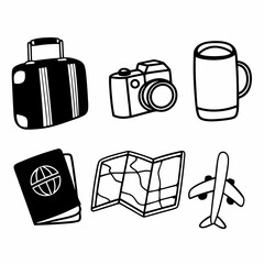 Handdrawn travel icons featuring luggage, camera, mug, passport, map, and airplane isolated on white background for tourism concept