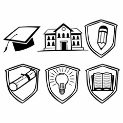 Education icons set isolated on white background featuring graduation cap, school building, shield with pencil, diploma, lightbulb, and book