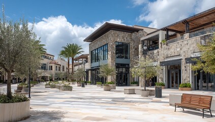 Modern Outdoor Shopping Center with Glass Architecture, Trees, and Benches Under Sunny Blue Sky in Urban Retail Area