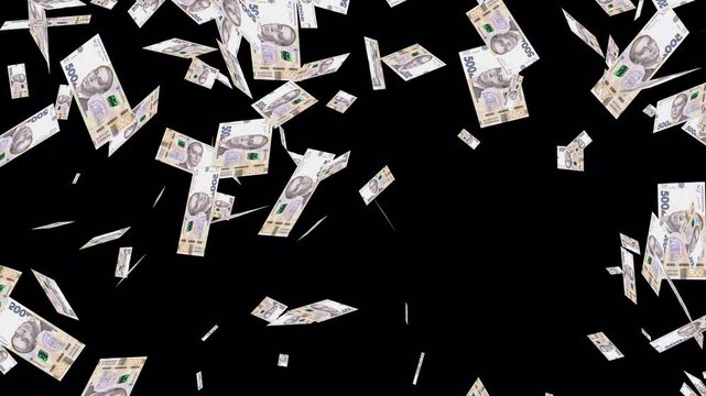 3D Ukraine Banknotes Falling Animation on Transparent Background. Falling Ukraine Money Banknote Animation Isolated. Ukraine hryvnia banknotes falling and floating in the air on a transparent BG.