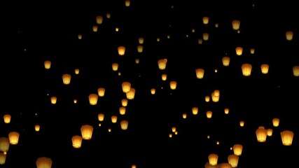 Chinese New Year Sky Lanterns flying animation on black background. Beautiful 3D animation of many paper lanterns floating and flying in the night sky. Perfect for festivals, celebrations, cultural. - Powered by Adobe