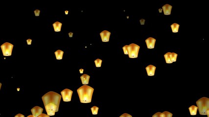 Many paper lanterns flying (Fanus flying) during Rash Mela at Durlacher in the black sky. Floating Sky Lanterns – Festival Paper Lantern Animation. 3D Animation of Multiple Paper Lanterns Rising Up. - Powered by Adobe