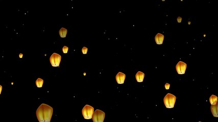 Many paper lanterns flying (Fanus flying) during Rash Mela at Durlacher in the black sky. Floating Sky Lanterns – Festival Paper Lantern Animation. 3D Animation of Multiple Paper Lanterns Rising Up.