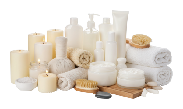 Relaxation and self-care essentials spa setting beauty products calming environment flat lay wellness concept isolated on transparent background