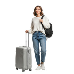 Young caucasian female traveler with suitcase and backpack ready for journey isolated on transparent background