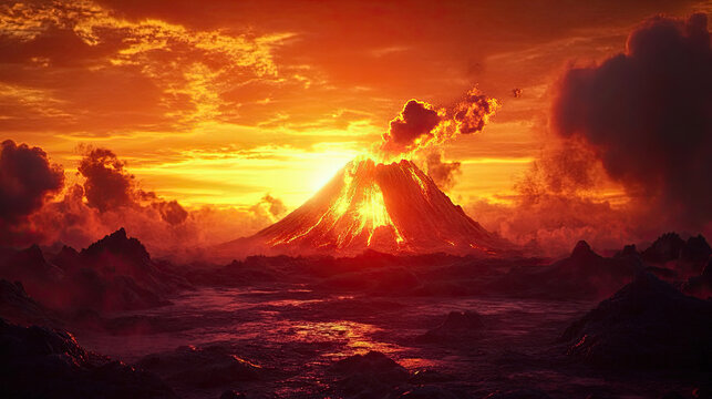 A stunning sunset behind a shield volcano silhouette