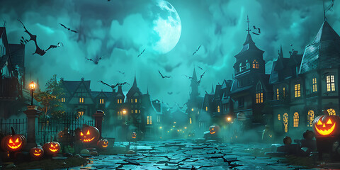 Fototapeta premium Halloween night with glowing jack o lanterns and foggy street 