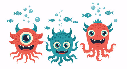 Obraz premium A whimsical illustration of three friendly cartoon sea monsters with tentacles, horns, and big eyes swimming underwater with fish and bubbles.