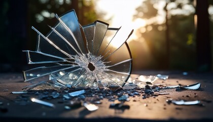close up shot of a shattered window broken glass scattered on the ground depicting the aftermath of a violent crime scene clue burglary evidence