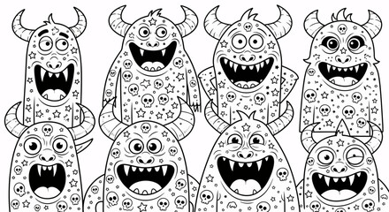 A black and white coloring page featuring a group of eight funny cartoon monsters with horns, sharp teeth, and silly expressions.