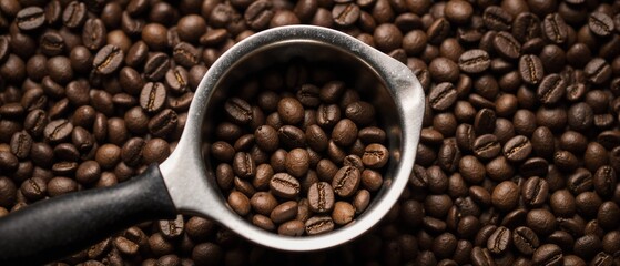 Fototapeta premium A portafilter filled with coffee beans sits at the center of a textured background of more beans. The image highlights espresso brewing and raw coffee ingredients.