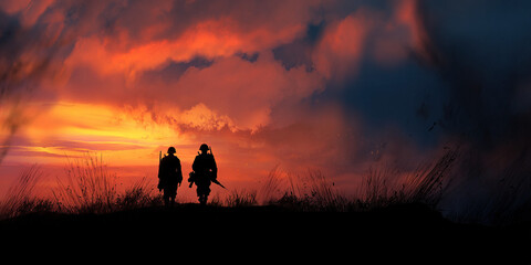 “Soldiers Silhouette Behind Barbed Wire at Sunset, War and Conflict Concept”