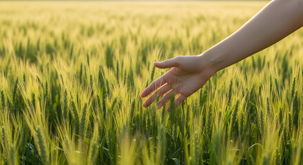 Reaching Out A Hand Touching Wheat in a Golden Field