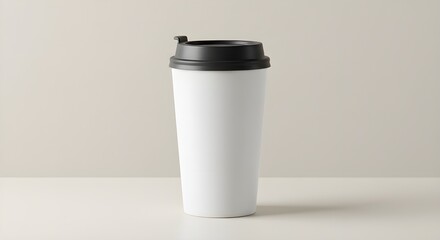 Stock photo of white reusable coffee cup with black lid for hot drinks on neutral background 100 char