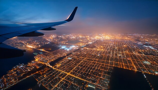 a view from a plane window overlooking a sprawling city lit up at night with the lights forming a glittering pattern below