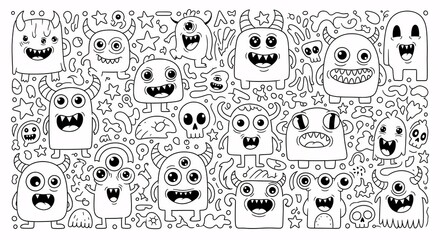 Funny monster doodles for coloring books or creative projects, adorable cartoon monsters with horns and stars for kids' crafts and Halloween designs