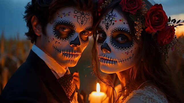 Romantic couple celebrating Day of the Dead with sugar skull makeup and candlelight in a golden field.