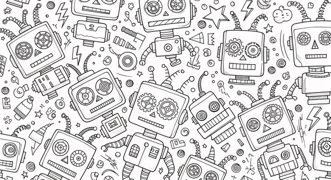Adorable robot character pattern ready for coloring fun and creative projects, ideal for kids activities, crafts or educational resources, engaging design - Powered by Adobe
