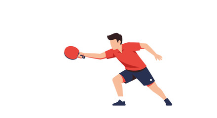 Faceless male table tennis player in a red shirt and blue shorts lunging for a forehand shot.