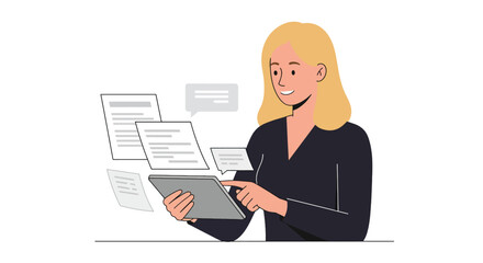 Smiling blonde woman interacting with a digital tablet, surrounded by floating documents and chat bubbles, in a modern flat illustration style.