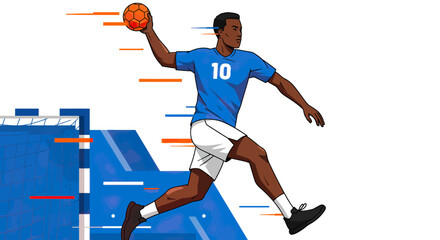 Athletic Man in Blue Jersey with Number 10 Holding Handball in Mid-Air