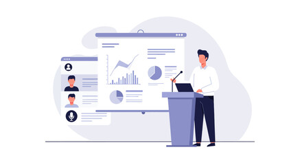 Businessman at a podium giving a hybrid presentation with data charts and a virtual audience on screen.