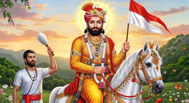 Ramdevpir Ashadhi Bij Artwork: A sunset illustration of Saint Ramdev Pir on horseback.