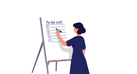 Woman with short dark hair in a blue dress writing on a to-do list on a whiteboard flip chart.