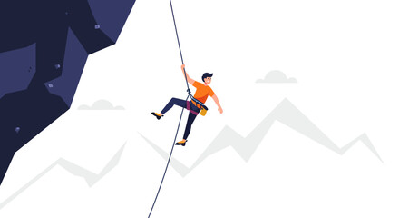 Smiling male rock climber in orange shirt and harness ascending a rope, flat vector illustration.