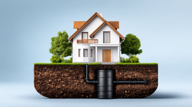A modern house model surrounded by greenery, with a visible underground water tank, illustrating eco-friendly living and sustainability.