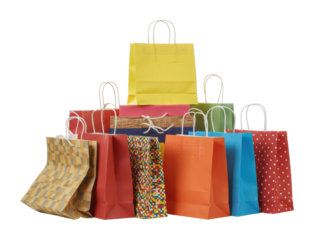Colorful paper shopping bags displayed together retail store product indoor environment eye-level consumerism concept isolated on transparent background