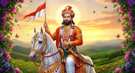 Obraz premium Lord Ramdevpir Mandir AI Photo: Colorful digital painting of Ramdev Pir and a devotee.