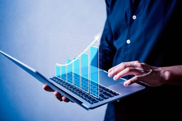 Growth graph and step up arrow. Business growth strategy and technological solutions.