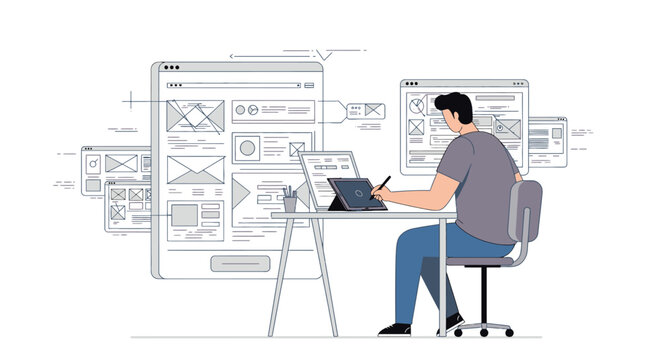 Male UI/UX designer at a desk creating website and app wireframes on a digital tablet, a flat line art illustration.