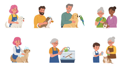 A diverse set of flat vector illustrations showing people of all ages caring for their beloved pets.