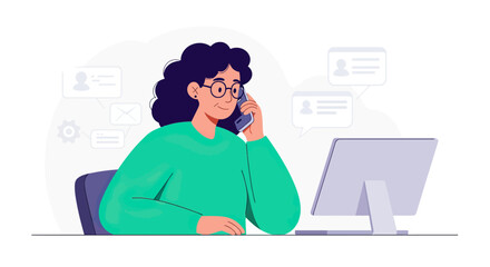 Flat design illustration of a friendly customer service agent with glasses on a phone call.