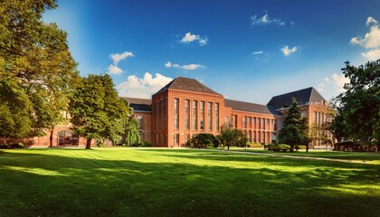 Fototapeta premium a beautiful university campus in sunlight with a brick building and green lawns with trees