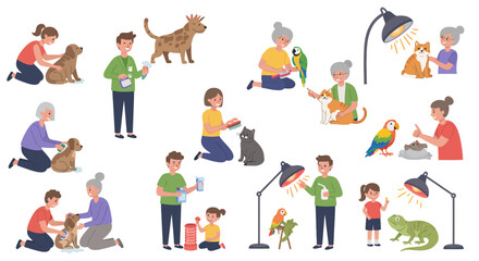 Fototapeta premium Diverse People Caring for Various Animals with Grooming and Heat Lamps
