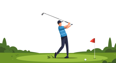 Male golfer in a blue striped shirt and dark cap executing a powerful follow-through swing with an iron club.