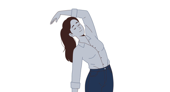 Relaxed woman in a blue shirt and jeans doing a standing side bend stretch.