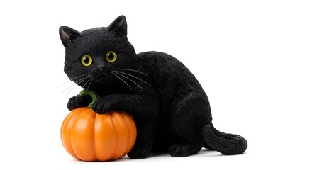 Black cat figurine with glowing eyes on an orange pumpkin, white background, realistic professional Halloween photo.