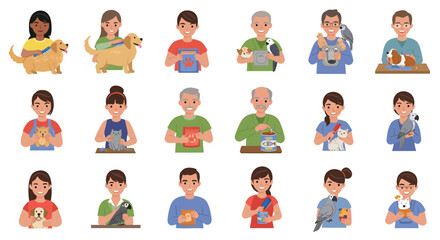Fototapeta premium Illustrated set of diverse happy people caring for their domestic pets like dogs, cats, and birds.