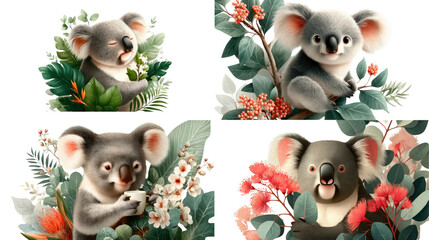Cute Cartoon Koalas Among Colorful Tropical Foliage and Flowers