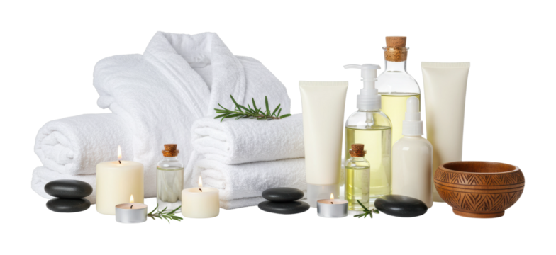 Relaxation spa essentials display indoor setting product arrangement tranquil atmosphere top wellness concept isolated on transparent background