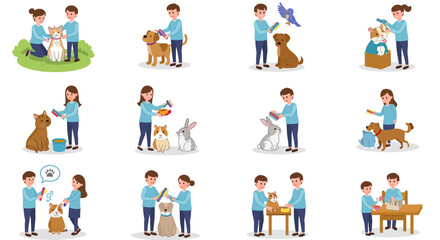 Cartoon People Grooming Pets with Brushes: Dogs, Cats, Rabbits, Hamsters, Bird